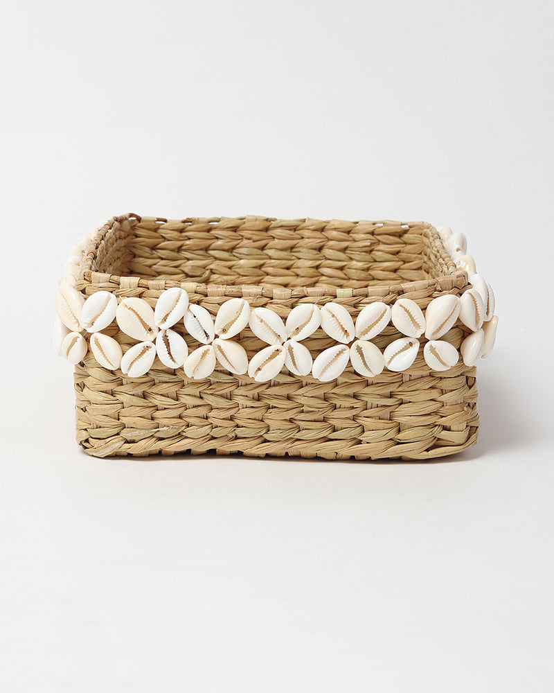 Handwoven Seagrass Shells Organizer Basket for Elegant Home and Tabletop Decor