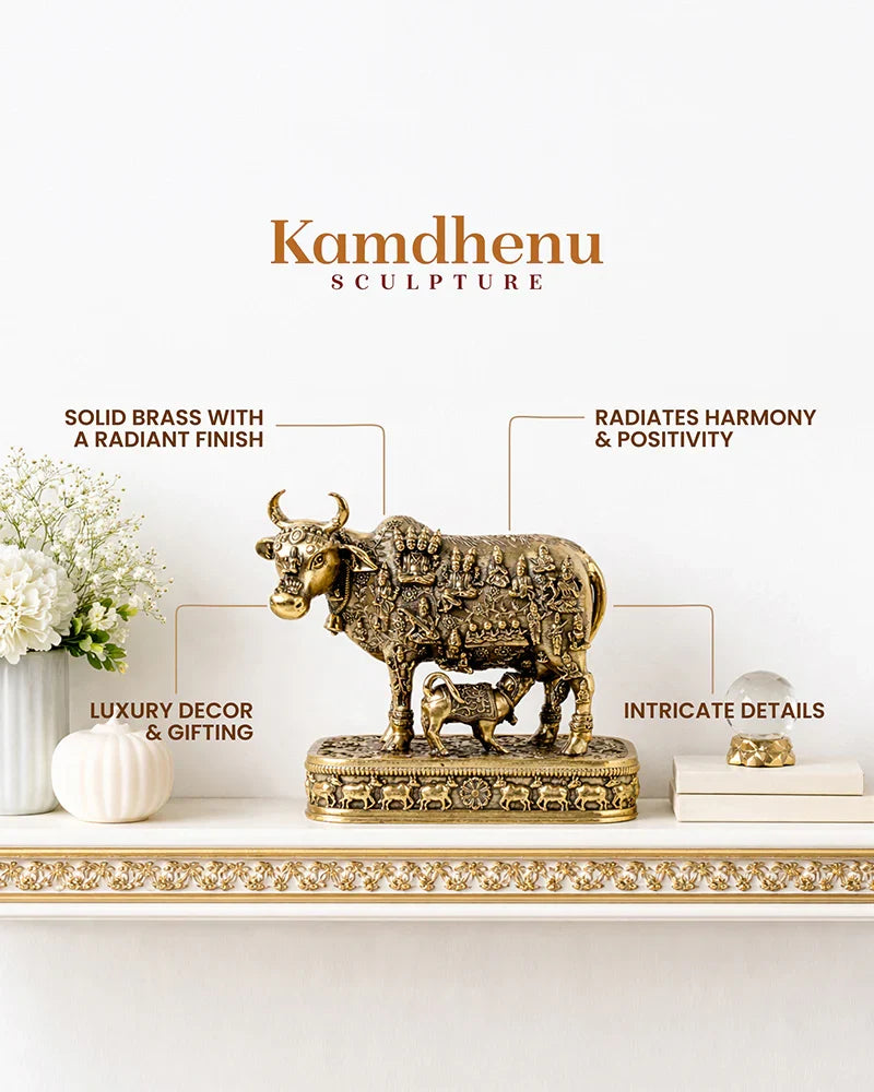 Brass Kamdhenu Cow Idol with Calf for Home Temple and Decor