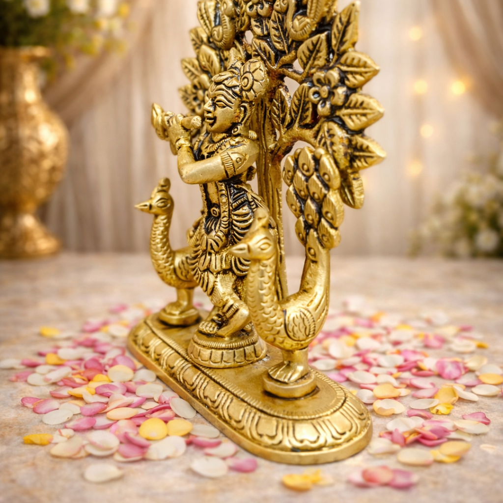 Brass Lord Krishna Standing Statue With Tree And Peacock (5 Inch) Vedansh Craft