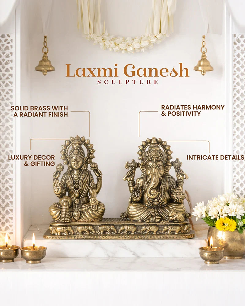 Traditional Brass Laxmi Ganesh Idol for Devotional Rituals and Home Decoration