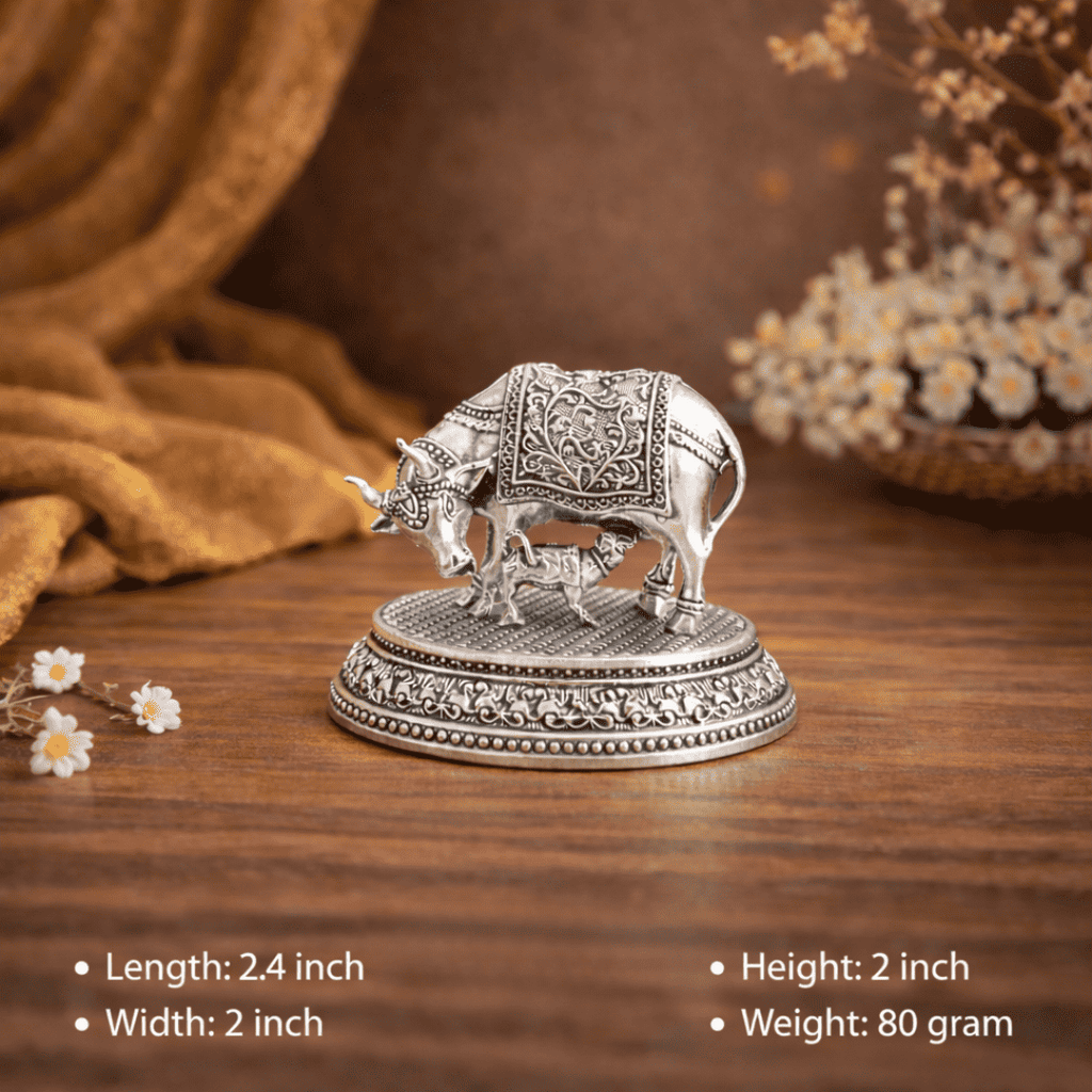 Brass Kamdhenu Cow With Calf Lightweight Idol (2 Inch) Vedansh Craft