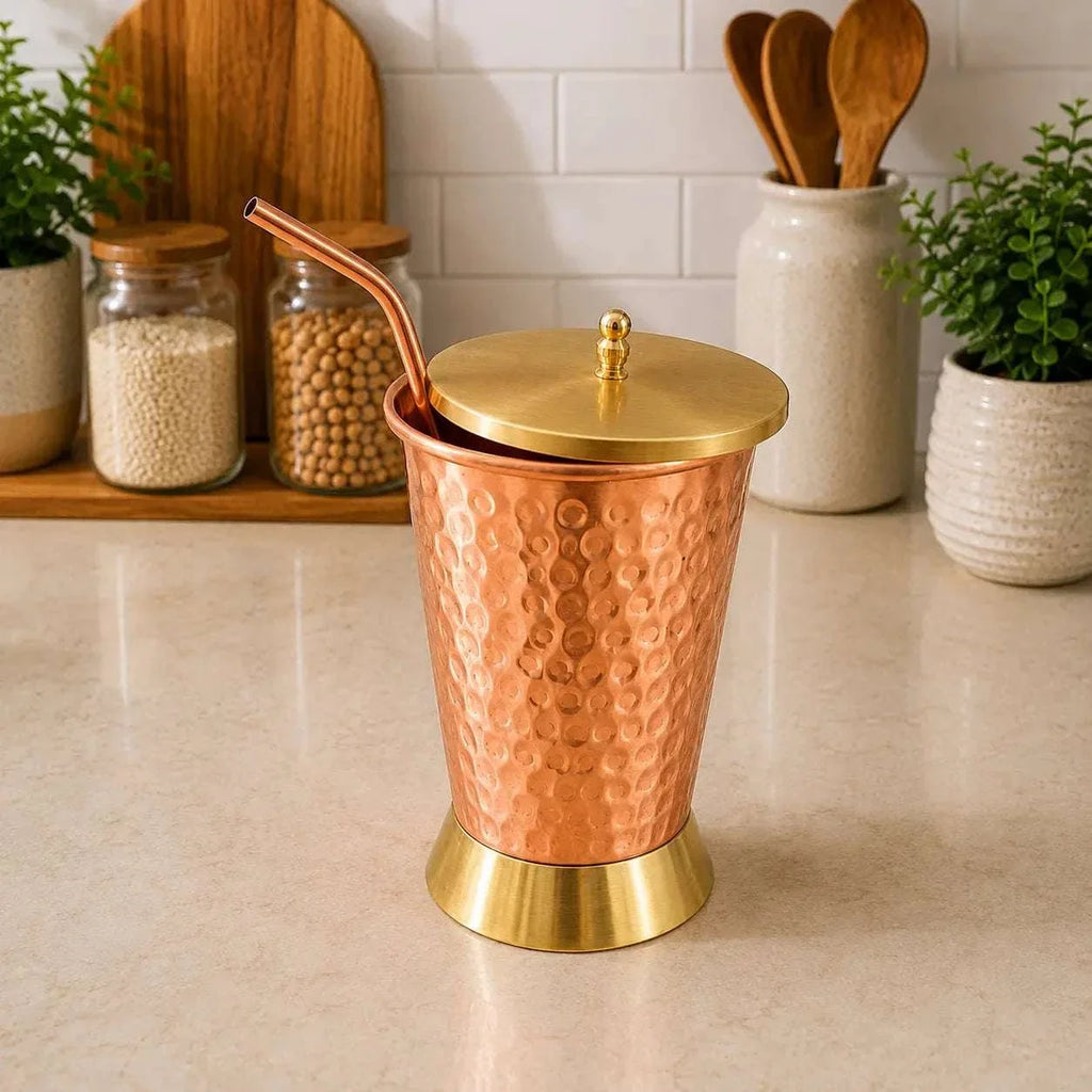 Copper Hammered Glass / Tumbler With Lid And Straw (6 Inch) Vedansh Craft