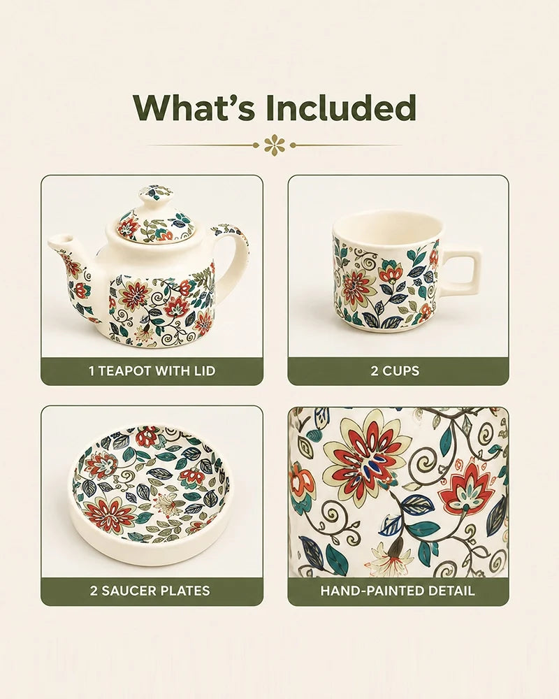 Hand Painted Floral Ceramic Tea Pot Set with Cup & Saucer