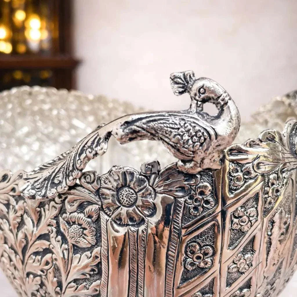 Brass Silver Plated Decorative Basket with Peacock Design (10 Inch) Vedansh Craft
