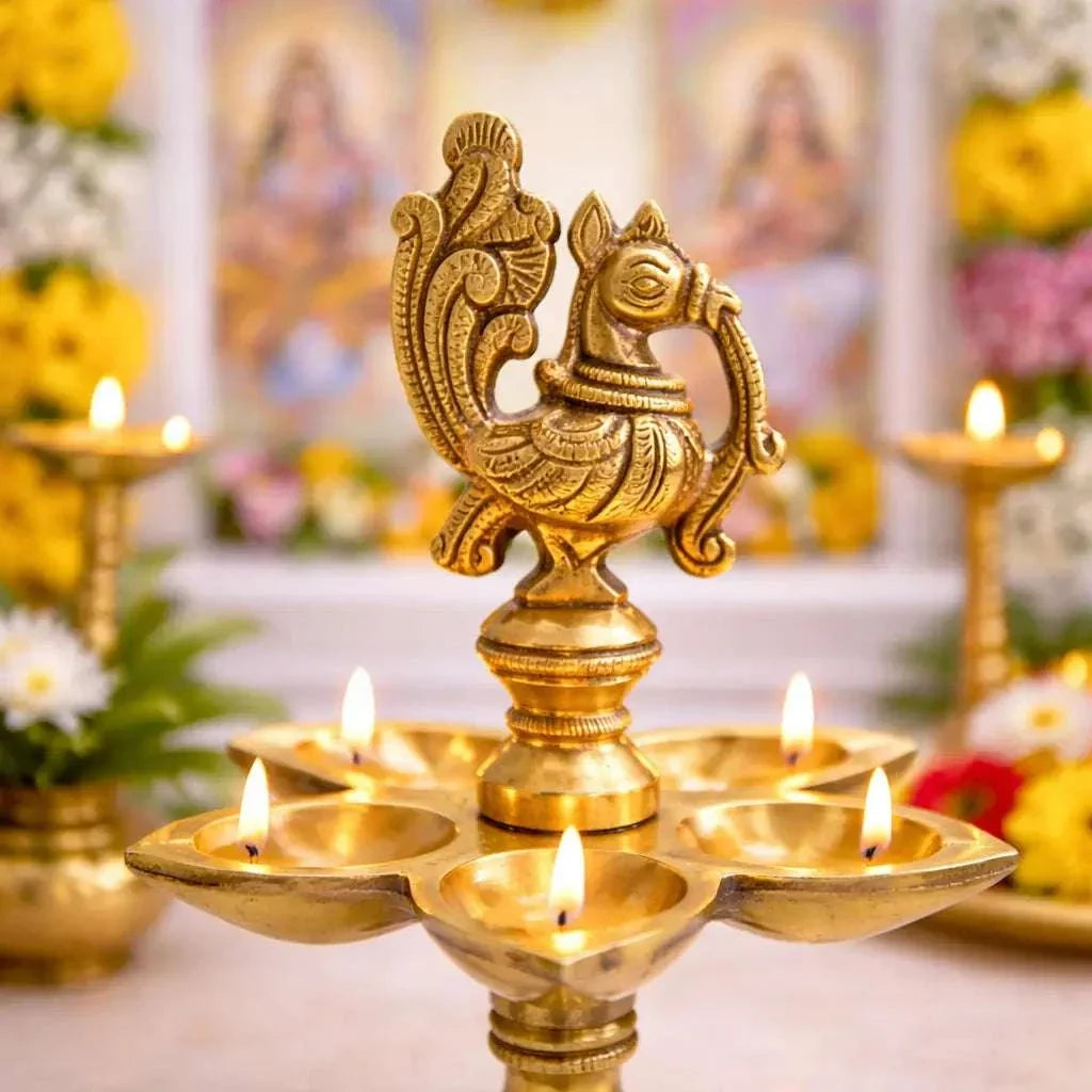 Brass Ethnic Five Petal Peacock Diya / Lamp (7.5 Inch) Vedansh Craft