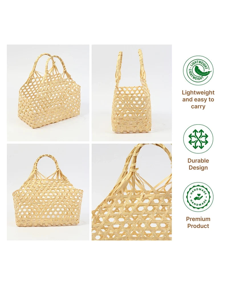 Bamboo Storage Basket with Sturdy Handle for Fruits and Vegetables