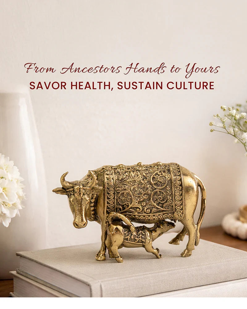 Pure Brass Kamdhenu Cow with Calf Idol for Home Temple and Pooja Room