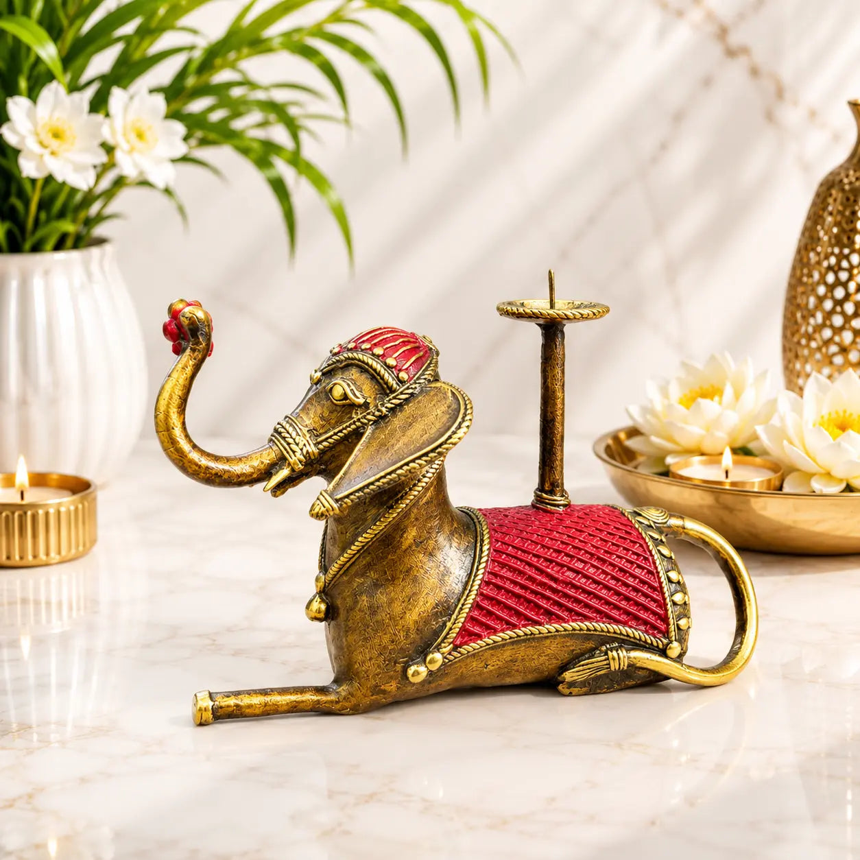 Brass Dhokra Sitting Elephant Statue With Candle Holder (5 Inch) Vedansh Craft