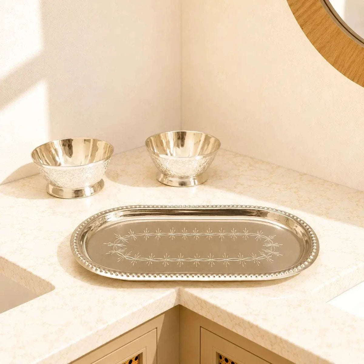 Brass Silver Plated Twin Bowl Set with Lids And Tray (3 Inch) Vedansh Craft
