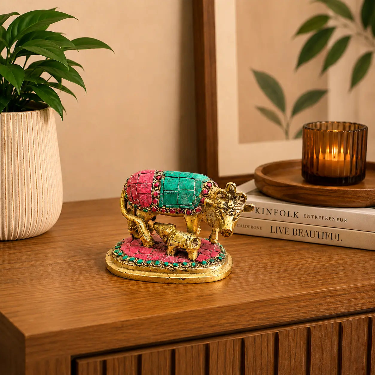 Brass Stone Work Kamdhenu Cow Idol (2.5 Inch) Vedansh Craft