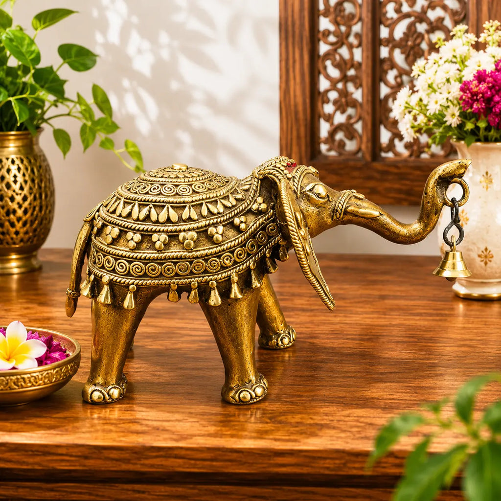 Brass Handcrafted Dhokra Elephant Statue With Bell (5.5 Inch) Vedansh Craft