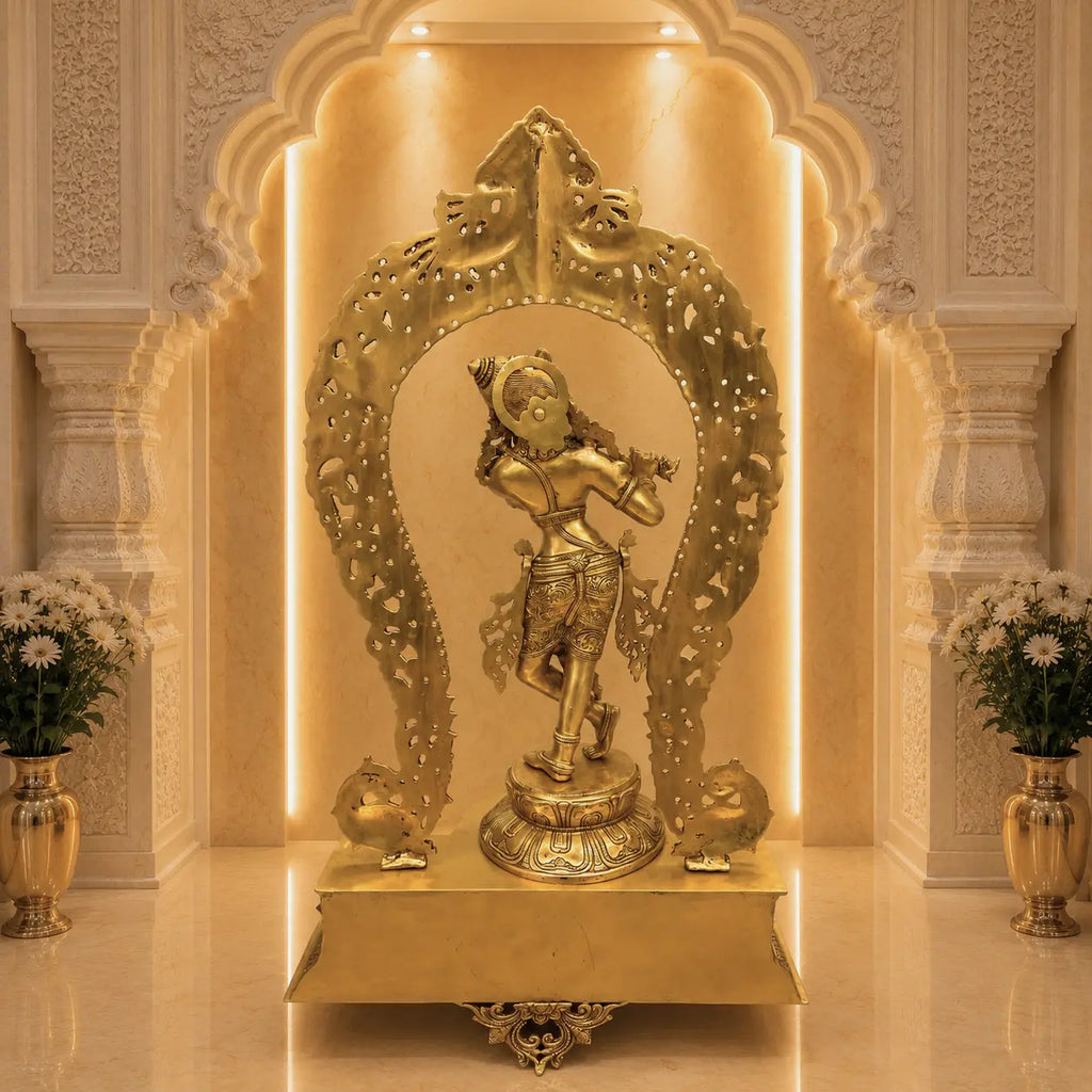 Brass Standing Krishna Idol On Throne / Singhasan (31 Inch) Vedansh Craft