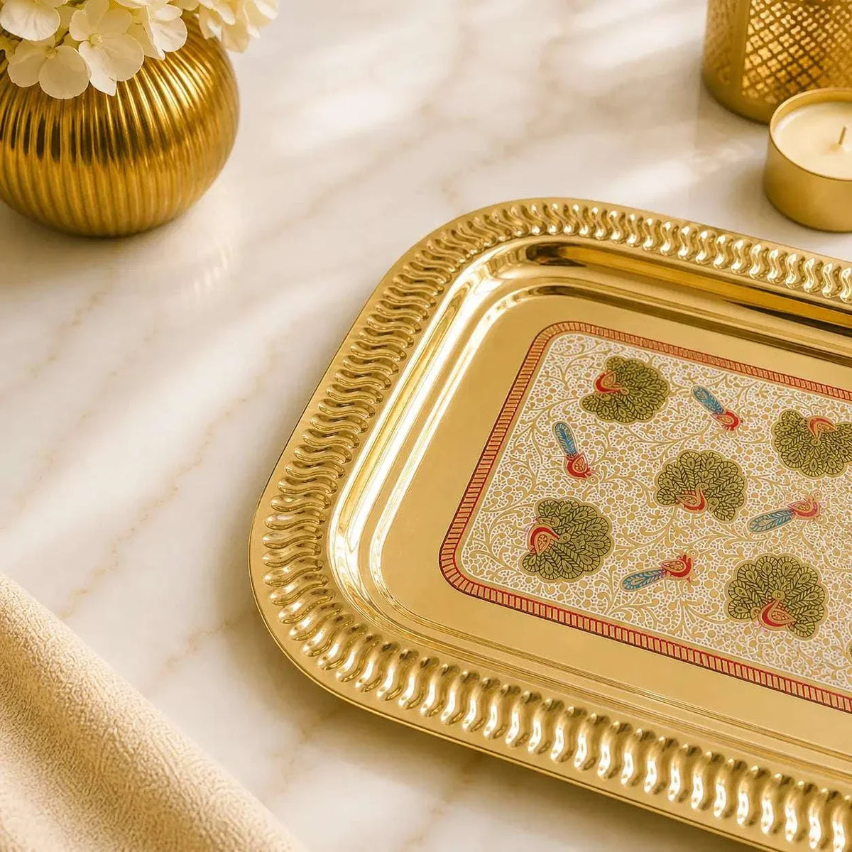 Brass Hand Painted Peacock Serving Tray / Platter Vedansh Craft