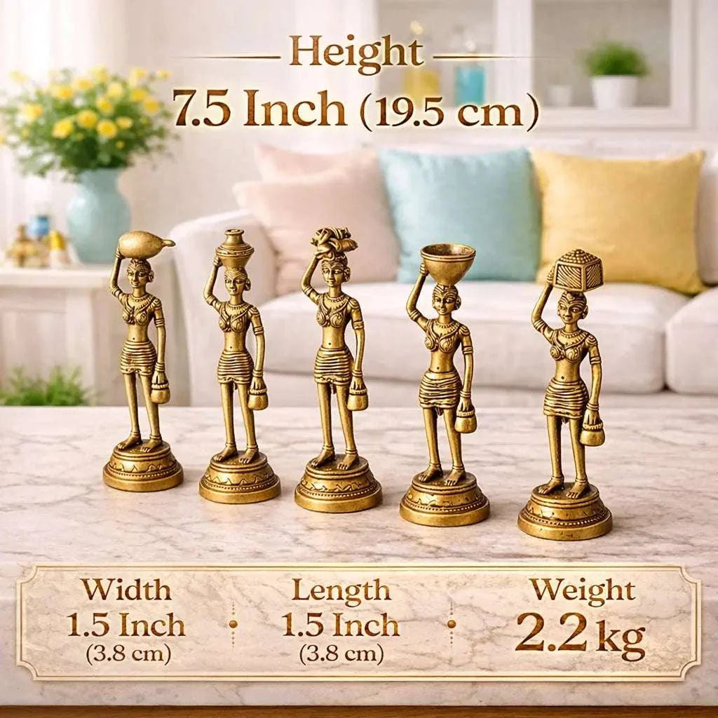 Brass Tribal Lady Statue Decor Set Of Five  (7.5 Inch) Vedansh Craft