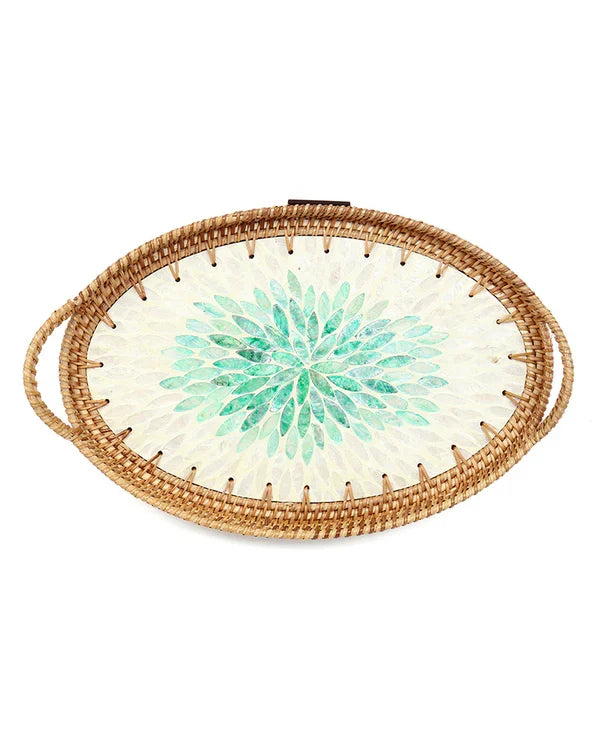 Handwoven Oval Cane Tray with Green Rangoli Mosaic for Decorative and Serving Use