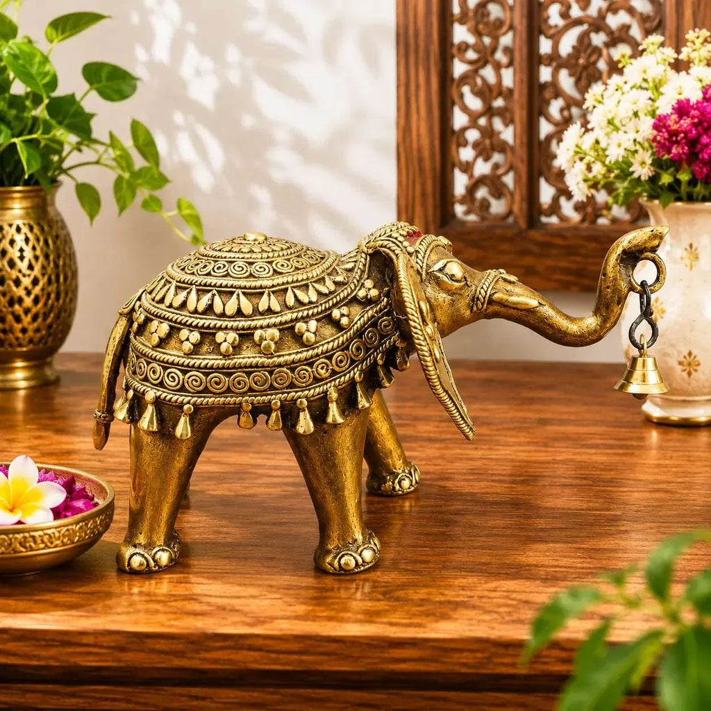 Brass Handcrafted Dhokra Elephant Statue With Bell (5.5 Inch) Vedansh Craft