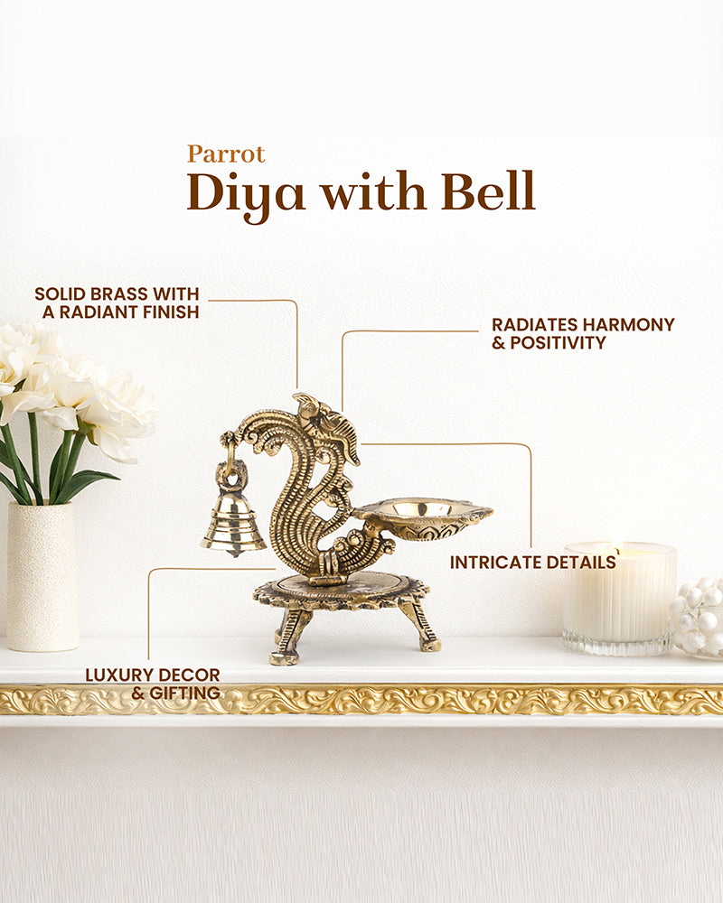 Traditional Brass Aarti Diya with Parrot Design with Hanging Bell