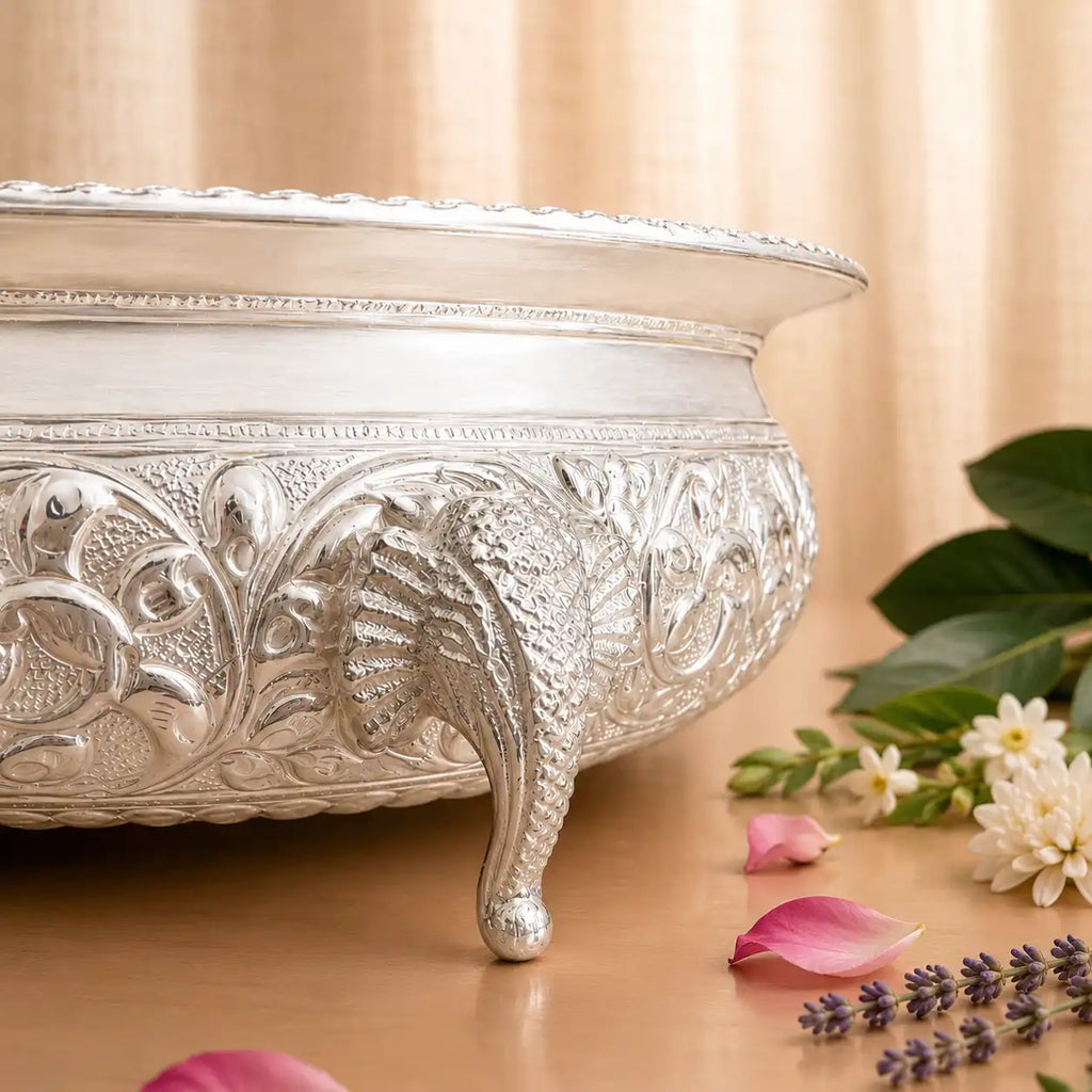 Brass Silver Plated Urli Bowl with Elephant Legs (3.2 Inch) Vedansh Craft