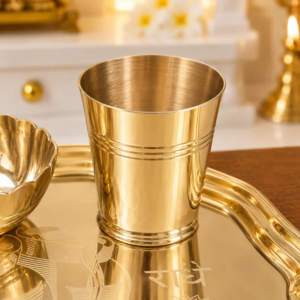 Brass Pooja Bhog Thali Set – Matka Murli Design (8 Inch) Vedansh Craft