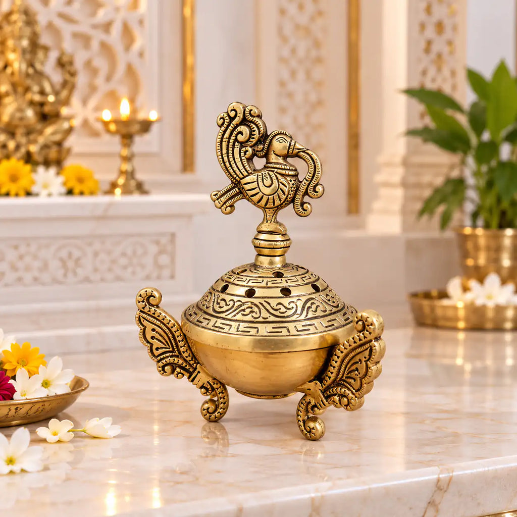 Brass Peacock Dhoop Dani & Incense Holder Vedansh Craft