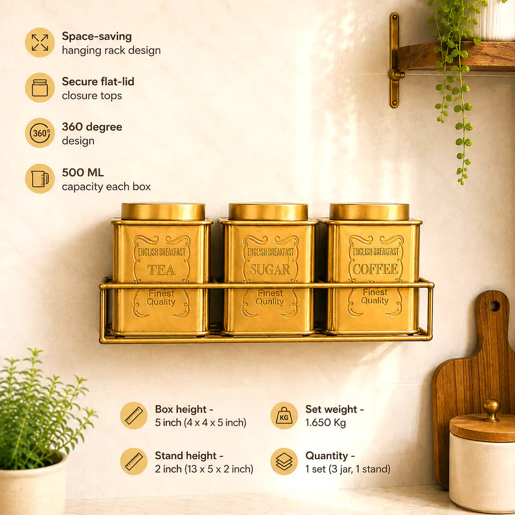 Brass Square Storage Jars / Canister Set With Wall Hanging Stand (Set of 3) Vedansh Craft
