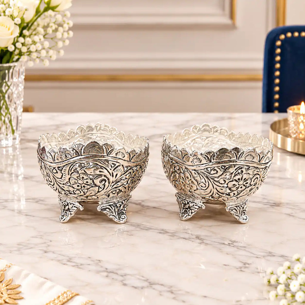Brass Silver Plated Noka Bowl Set With Velvet Box (3 inch) Vedansh Craft