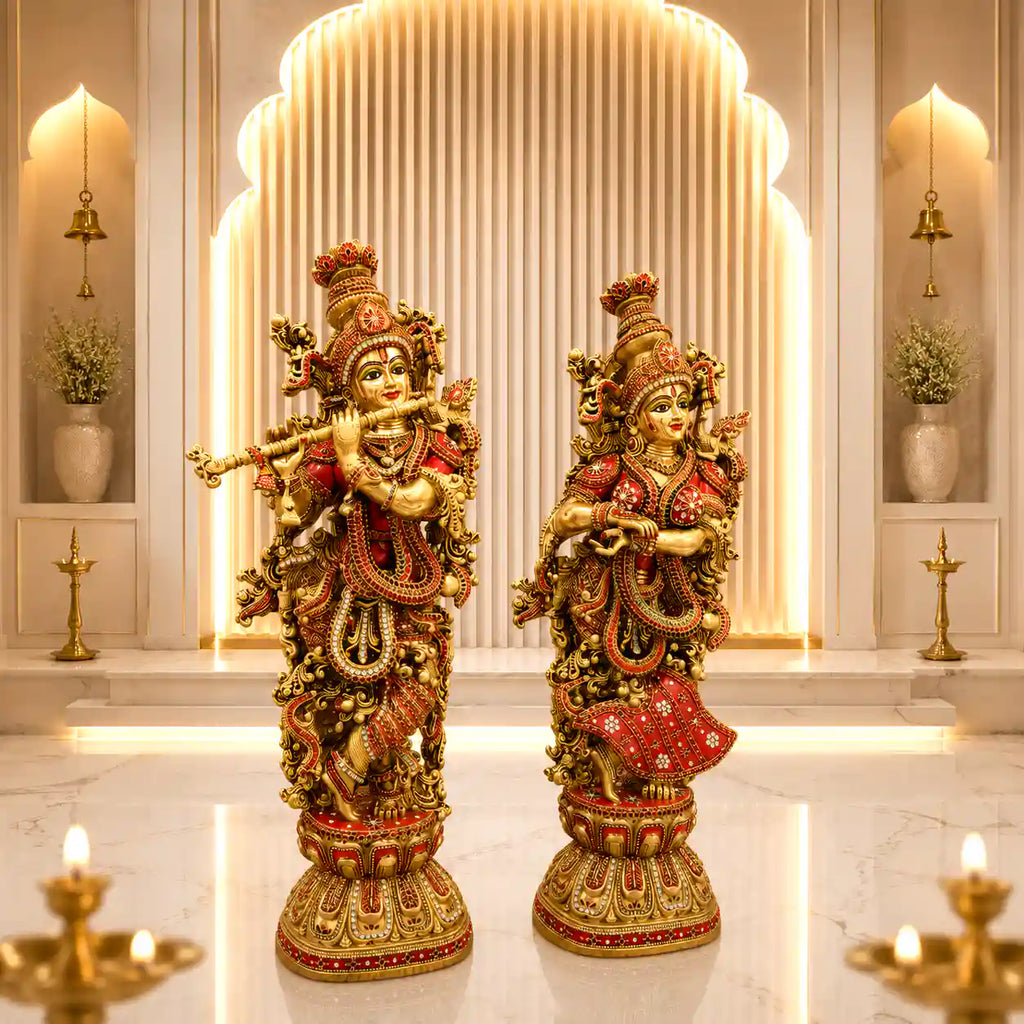 Brass Stone Work Standing Radha Krishna Statue Set (30 Inch) Vedansh Craft