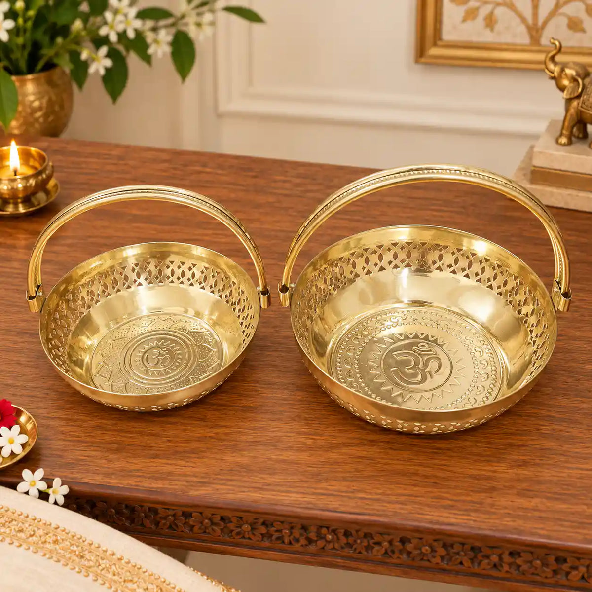 Brass Pooja Basket With Handle Set of 2 Vedansh Craft