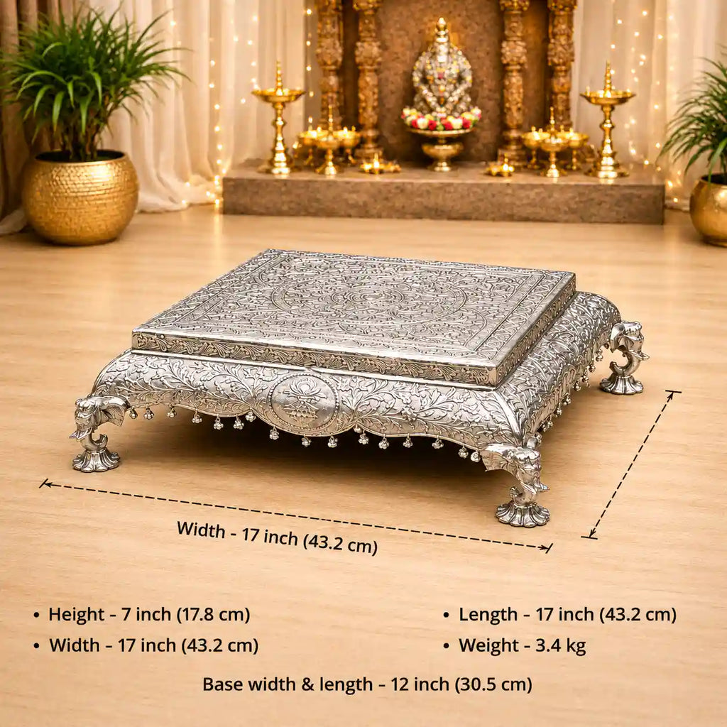German Silver Handcrafted Chowki with Elephant Leg (7 Inch) Vedansh Craft