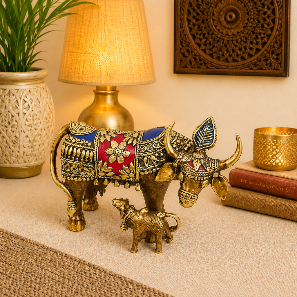 Brass Dhokra Kamdhenu Cow with Calf Statue (6.5 Inch) Vedansh Craft