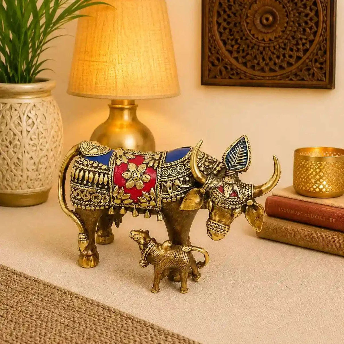 Brass Dhokra Kamdhenu Cow with Calf Statue (6.5 Inch) Vedansh Craft