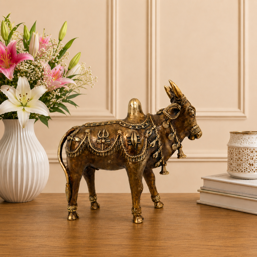 Brass Dhokra Standing Nandi Idol (7 Inch) Vedansh Craft