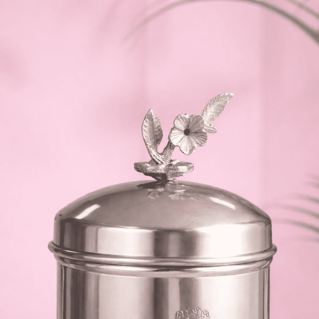 Brass Embossed Design Jar with leaf knob on lid, Brass Decorative Storage Box Vedansh Craft