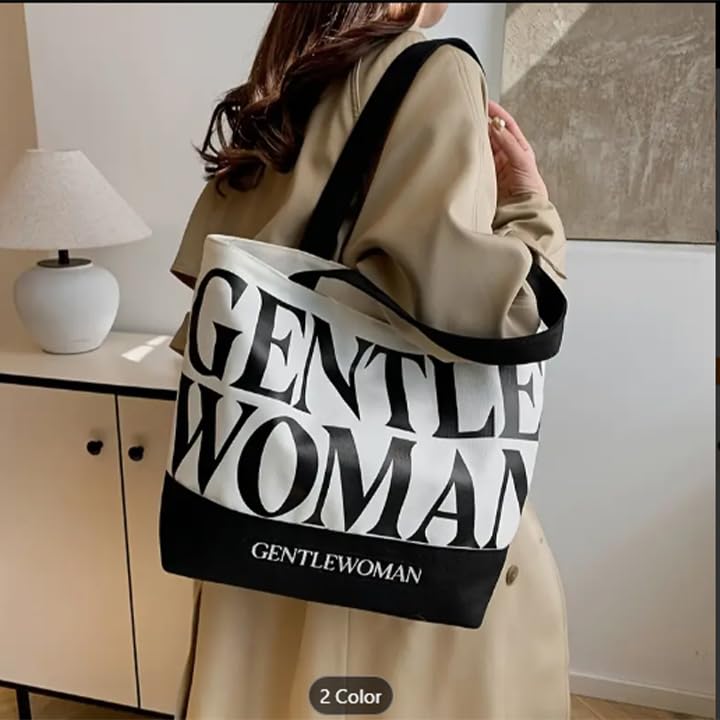 THE SACK CO. Large Canvas Tote Bag for Women, Tote Handbags for Women with Zipper & for College, Shopping, Office (gntl women blk writing new)