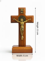 Wooden Standing Cross with Golden Jesus Crucifix and St. Benedict Medal, Brown Wood with Base, 6cm width x 11 cm Height