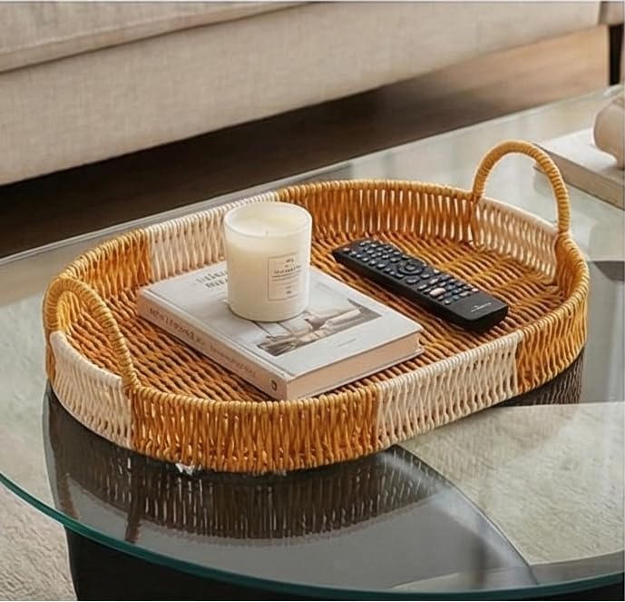 Z W A Handwoven Rattan Oval Serving Tray | Multipurpose Decorative Wicker Baskets with Handles | Boho Home Décor, Coffee Table Organizer, Bathroom & Kitchen Storage Trays. (Small Tray only)