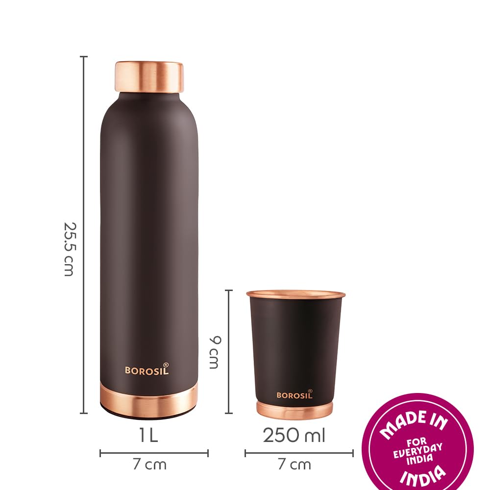 Borosil Eco Copper Bottle with Glass Set | 1L Bottle with 2 Tumbler (250 ml Each) | 100% Pure Copper with Anti-Oxidant Properties of Copper for Daily Use (Brown)