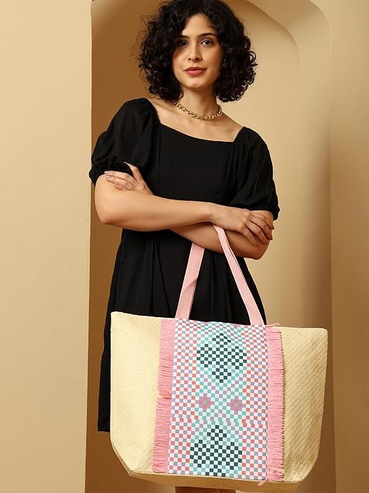 ASIAN Beach Tote Bag with Rope Handles For Women & Girls Beige with Pink Palm Print | Large Shoulder Bag, Stylish Designer Handbag, Lightweight, Perfect for Office Bag, College Bag & Shopping Use