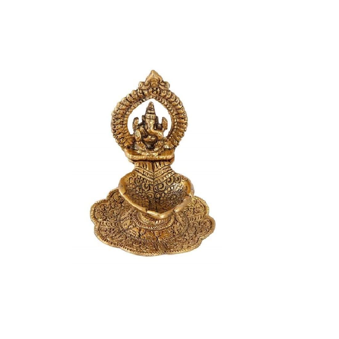 Kridaykraft Aluminium Metal Ganesh Diya with Swastik Engraved in Hand Hath Deepak Ganesh Gold Plated (10.2 cm x 10.2 cm x 11.5 cm,),
