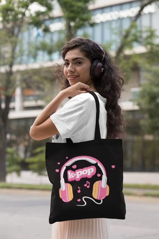 YaYaCafe BTS Printed Canvas Cotton Black Tote Bag with Zipper for Women & Girls