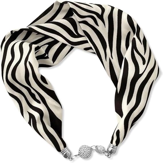 CAPICHINO Women Silk Scarf Necklace Magnetic Buckle with Rhinestone Small Neckerchief Clavicle Chain Headdress Pendant Scarf (Black White 2)