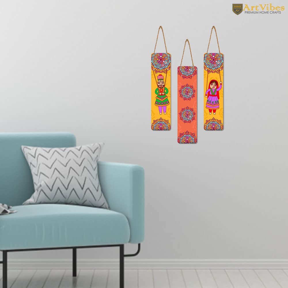 Artvibes Dancing Puppets Wooden Art Decoration Item for Living Room | Living Room | Office | Cafe | Painting Wall Decor | Wall Illustrations | Handcrafted Art | Gift Items (WH_8103N), Set of 3