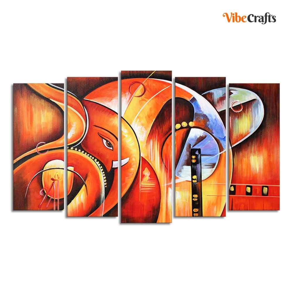 VIBECRAFTS Hindu Ganesha Wall Painting Set of Five Pieces For Home|Office|Living Room|Gift (PTVC5Pcs2_6584)