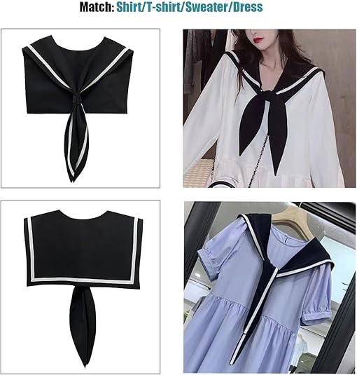 HAYZO Women's Sailor Collar Scarf | Detachable Fake Collar Necklace | Sailor Style Shawl Wrap for Sweater, Shirt & Dress | Fashion Accessory Top Collar (Black)