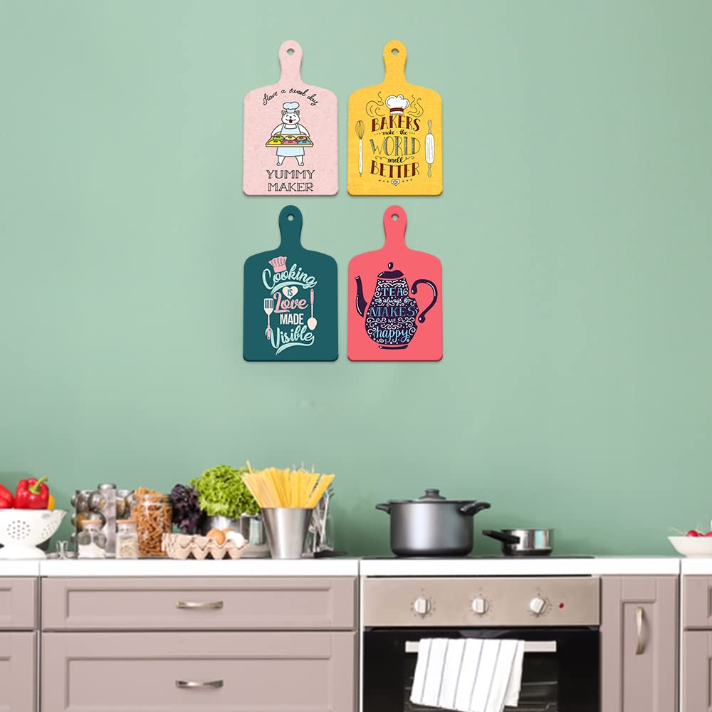 Artvibes Bakers Make The World Smell Better Printed MDF Wooden Wall Art For Bakery | Kitchen | Restaurant | Quotes Decor | Kitchen Quotes Wall Hanging | Wall Illustrations | Gift (WH_5602NV), Set of 4