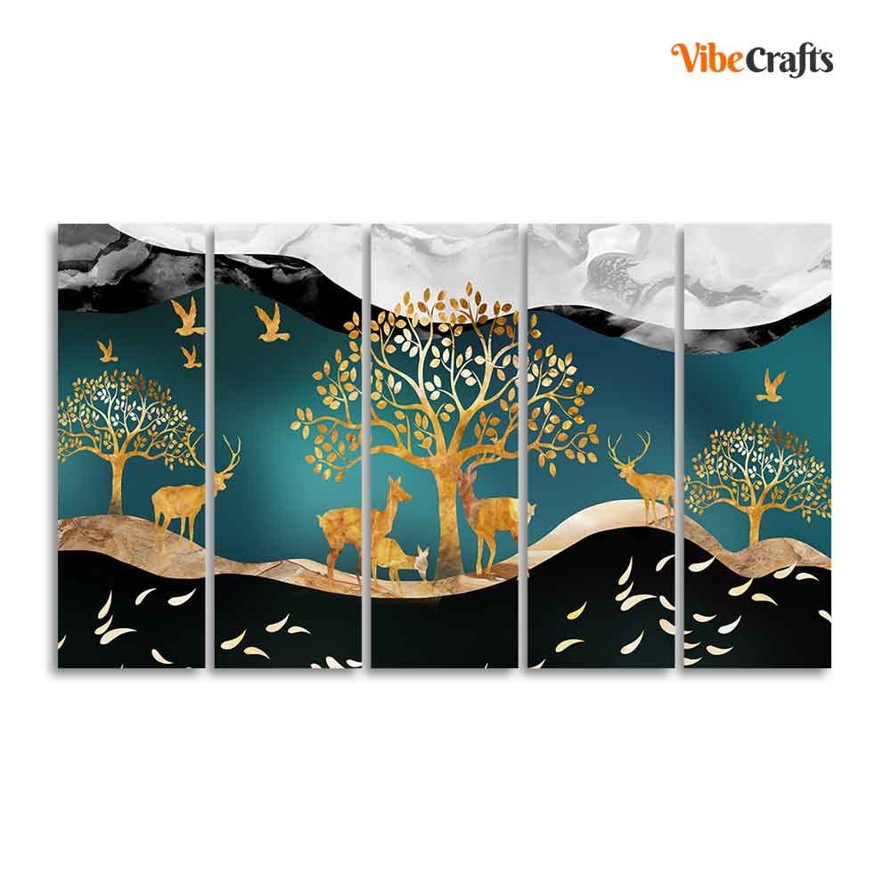 VIBECRAFTS Trees and Deer Canvas Wall Painting Set of Five For Home|Office|Living Room|Gift (PTVC5Pcs4_8593)