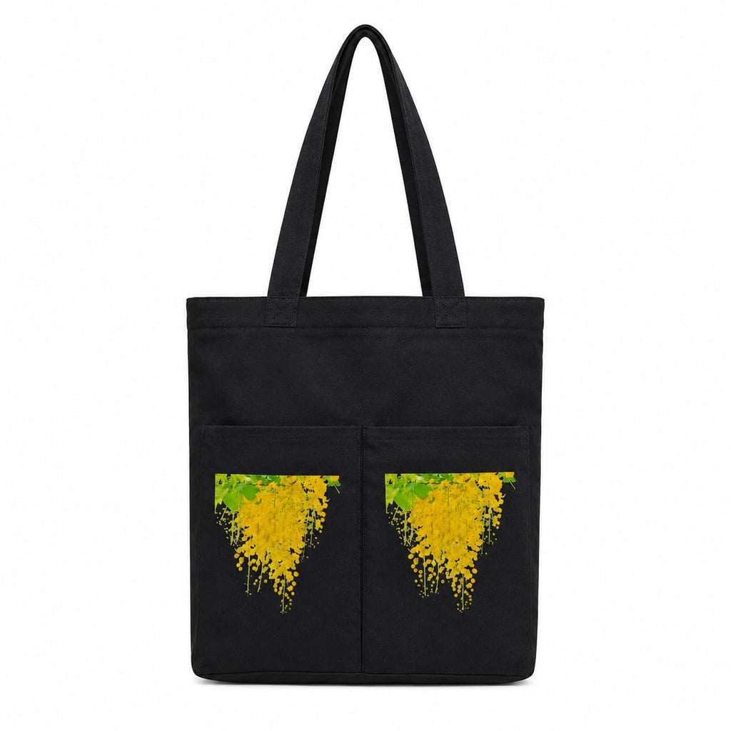 Suryatra Amaltas Blossom Noir Canvas Tote Bag for Women & Men | Premium Cotton Canvas Shoulder Bag with Dual Front Pockets | Tote Bag for Office, College, Shopping & Travel | Black | 14 x 16 Inches