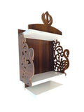Decorative Wooden Wall-Mounted Temple with Carved Peacock and Sikh Khanda Design, 3-Tier Display Shelf, Sikh Guru Khanda Temple Brown and White