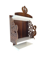 Decorative Wooden Wall-Mounted Temple with Carved Peacock and Sikh Khanda Design, 3-Tier Display Shelf, Sikh Guru Khanda Temple Brown and White