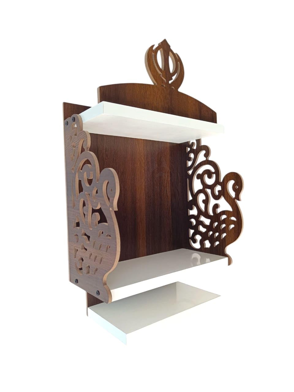 Decorative Wooden Wall-Mounted Temple with Carved Peacock and Sikh Khanda Design, 3-Tier Display Shelf, Sikh Guru Khanda Temple Brown and White